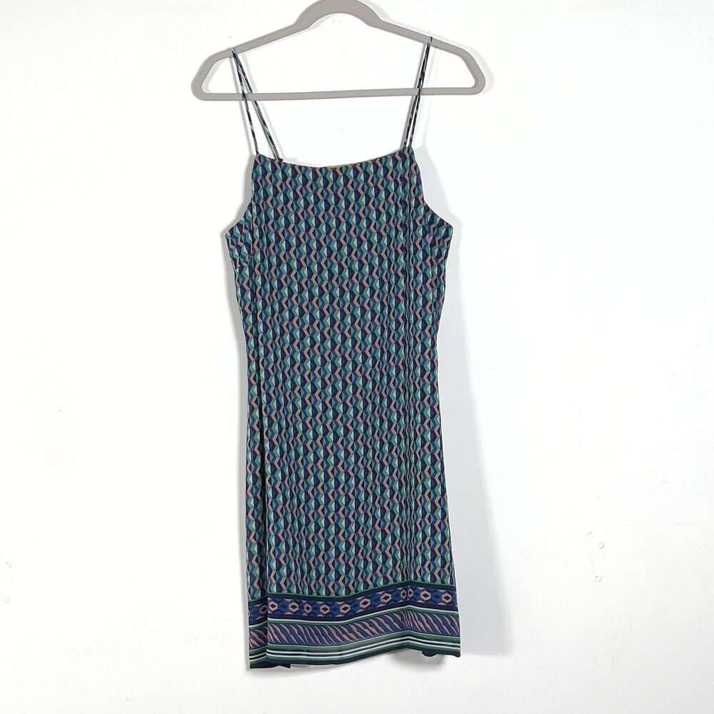 Anthropologie Maeve Silk Mini Dress Womens Sz L Blue Printed Spaghetti Strap